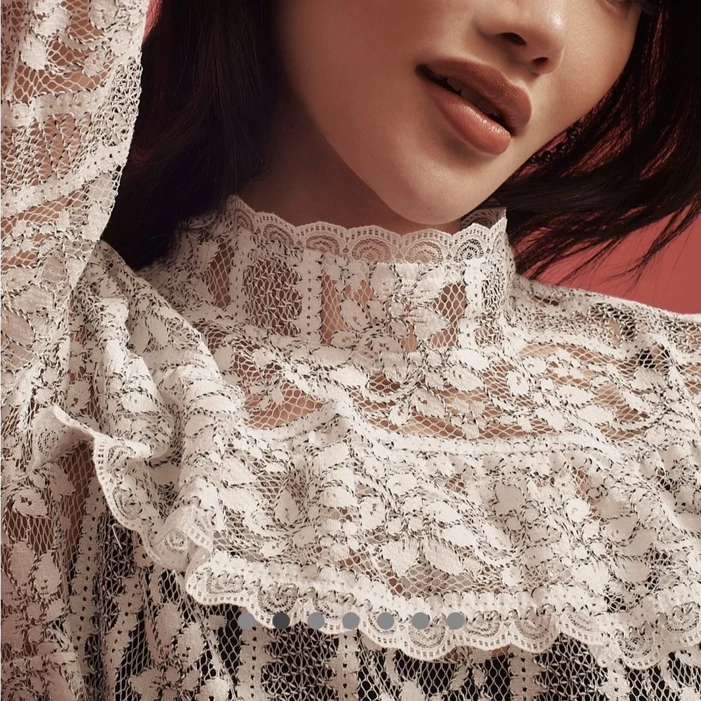Anthropologie Mock Neck Long-Sleeve Lace Top Cream Black Sz L NEW